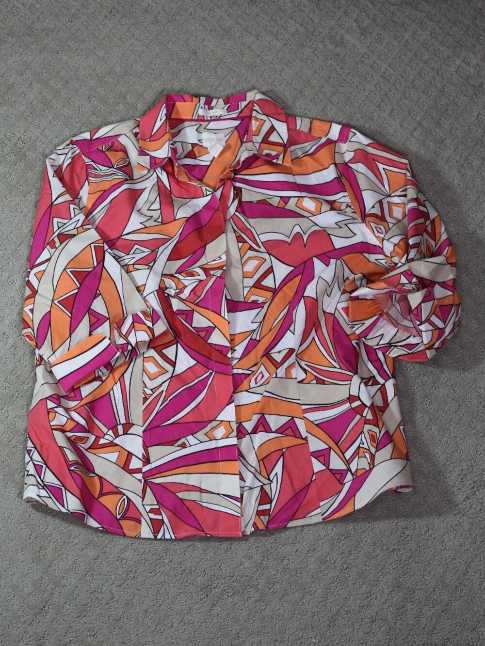 Chico's Size 3 / 16 No Iron Abstract Pink Pattern 3/4 Sleeve Button Up Blouse